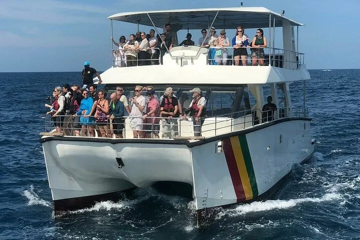 Catamaran deck with travellers scanning the Indian Ocean on a Mirissa whale watching tour off Sri Lanka
