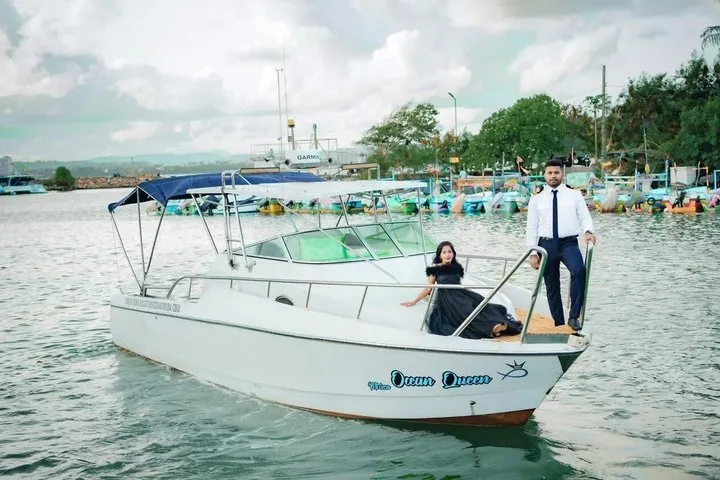 Private speed boat on calm blue water during a Mirissa whale watching tour in Sri Lanka